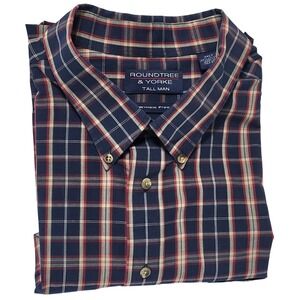 Roundtree & Yorke Tall Man Navy Red Plaid Wrinkle Free Button Down Shirt 3XLT